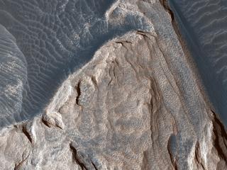 This image acquired on December 5, 2018 by NASAs Mars Reconnaissance Orbiter, shows ripples in the sand which tell us which way the wind was moving and how it was diverted around these rock formations.