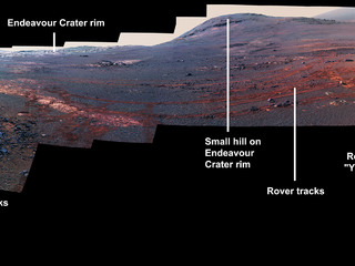 This image is a cropped version of the last 360-degree panorama taken by the Opportunity rover's Panoramic Camera (Pancam) from May 13 through June 10, 2018. The view is presented in false color to make some differences between materials easier to see.