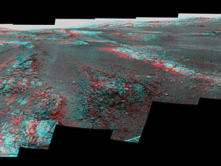This image is a cropped version of the last 360-degree panorama taken by the Opportunity rover's Pancam from May 13 through June 10, 2018. The panorama appears in 3D when seen through blue-red glasses with the red lens on the left.