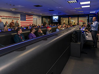 NASA Associate Administrator for Science Thomas Zurbuchen addressed the Opportunity rover team inside Mission Control at NASA’s Jet Propulsion Laboratory in Pasadena, California, a few hours before the team made its last attempts to listen for the rover’s signal from Mars. The image was taken on Feb. 12, 2019. 