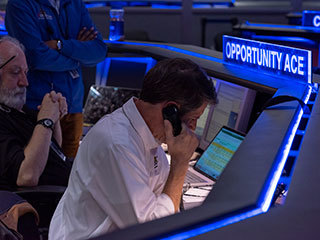 John Callas, project manager for NASA’s Mars Exploration Rovers mission, makes the call ending the last formal session via NASA’s Deep Space Network (DSN) for the Opportunity rover at Mars on Feb. 12, 2019. 