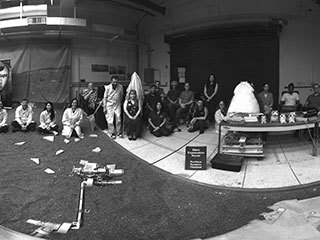 This 360-degree panorama was taken by "Dusty," a fully-working replica of NASA's Opportunity rover at the agency's Jet Propulsion Laboratory. The panorama was taken as part of a software test. Members of the Opportunity team gathered to sit in during the panorama.
