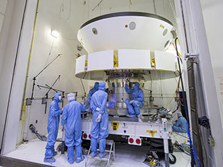 Engineers and technicians working on NASA's Mars 2020 mission prepare spacecraft components for acoustic testing in the Environmental Test Facility at NASA's Jet Propulsion Laboratory in Pasadena, California. 