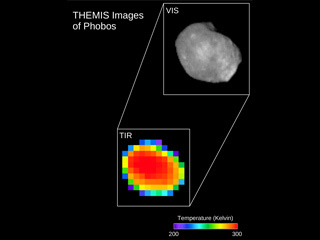 Two views of the Martian moon Phobos taken in both infrared and visible light by NASA's 2001 Mars Odyssey.
