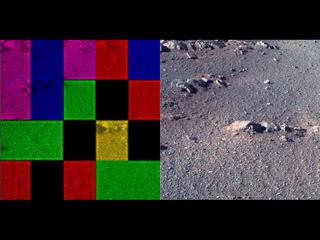 These side-by-side images were taken by the Pan Camera on the Opportunity rover. They're actually the same image; the left version is how the image originally came down, due to data dropouts. The right shows the same image after processing all the data.
