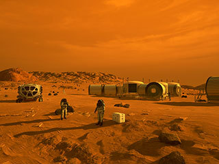 This artist's concept depicts astronauts and human habitats on Mars. NASA's Mars 2020 rover will carry a number of technologies that could make Mars safer and easier to explore for humans.