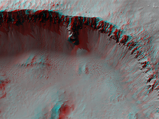 Shown here is a stereo pair (see the anaglyph) of a well-preserved impact crater 