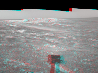 This three-dimensional anaglyph stereo view was created from navigation camera frames that NASA's Mars Exploration Rover Opportunity