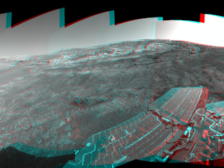 This 360-degree stereo anaglyph of the terrain surrounding NASA's Mars Exploration Rover Opportunity.