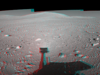 This 360-degree stereo anaglyph of the terrain surrounding NASA's Mars Exploration Rover Spirit