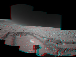 This stereo view was assembled from images taken by the navigation camera on NASA's Mars Exploration Rover Spirit during the rover's 337th martian day