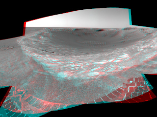 This stereo anaglyph looking toward the northeast across "Endurance Crater" in Mars' Meridiani Planum region was assembled from frames taken by the navigation camera on NASA's Mars Exploration Rover Opportunity during the rover's 131st martian day, or sol