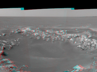 This 3-D cylindrical-perspective projection was constructed from a sequence of four images taken by the navigation camera onboard the Mars Exploration Rover Opportunity