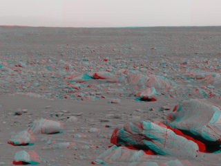 This stereo view was taken by the panoramic camera on NASA's Mars Exploration Rover Spirit on the rover's 87th martian day, or sol