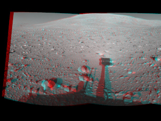 This cylindrical-perspective stereo mosaic was created from navigation camera images acquired by NASA's Mars Exploration Rover Spirit during Spirit's sol 153