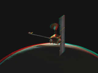 NASA's Mars Odyssey spacecraft passes above a portion of the planet that is rotating into the sunlight in this artist's concept illustration