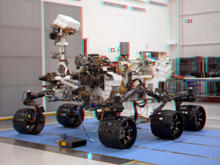 This stereoscopic anaglyph image was created from a left and right stereo pair of images of the Mars Science Laboratory mission's rover, Curiosity