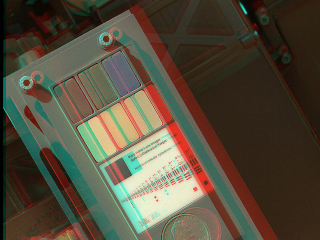 This 3-D view of the calibration target for the Mars Hand Lens Imager (MAHLI) aboard NASA's Mars rover Curiosity.