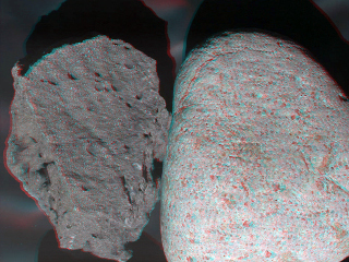 This stereo view of terrestrial rocks combines two images taken by a testing twin of the Mars Hand Lens Imager (MAHLI) camera on NASA's Mars Science Laboratory.