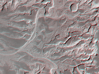 A channel leads into the crater and the lithified remains of a delta, a fan-like feature formed when sediment-laden water flows from a river into a larger body of water such as a lake.