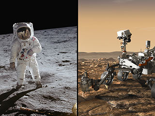 From left to right: Apollo 11 astronaut Buzz Aldrin stands on the Moon; 47 pounds (21.5 kilograms) of samples were brought back to Earth from that mission; the Mars 2020 rover, seen here in an artist's concept rover, will be taking the first planetary samples at Jezero Crater, Mars (on right). 