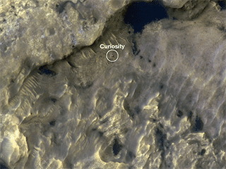 This animation shows the position of NASA's Curiosity rover as it journeyed through "the clay-bearing unit" on Mars between May 31 and July 20, 2019. The HiRISE camera on NASA's Mars Reconnaissance Orbiter took both images.