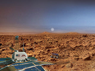 An artist's rendering of Mars Pathfinder, which consisted of a lander and the first-ever robotic rover on the surface of the Red Planet. 