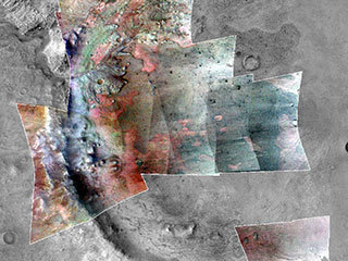 Color has been added to highlight minerals in this image of Jezero Crater on Mars, the landing site for NASA's Mars 2020 mission.