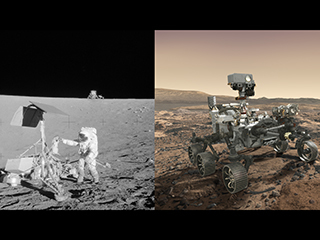 (Left) Apollo 12 astronaut Charles “Pete” Conrad Jr. stands beside NASA's Surveyor 3 spacecraft. (Right) Mars 2020 rover, seen here in an artist's concept, will make history's most accurate landing on a planetary body when it lands at Mars' Jezero Crater on Feb. 18, 2021. 