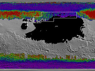 This rainbow-colored map shows underground water ice on Mars. 