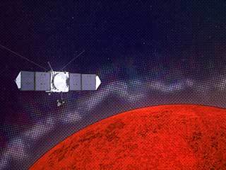 Graphic illustrating the MAVEN spacecraft encountering plasma layers at Mars.