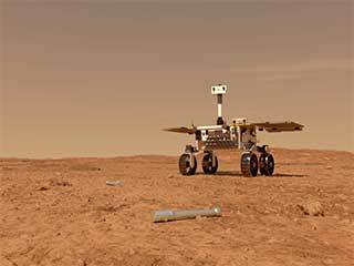 This illustration shows a concept of what a rover fetching rock and soil samples on Mars for return to Earth could look like.