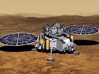 This illustration of a Mars sample return mission's lander concept shows a spacecraft after touchdown on the Red Planet. 