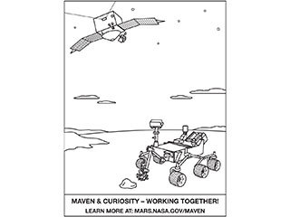 Download a coloring sheet of NASA MAVEN orbiter and Curiosity rover working together at Mars.