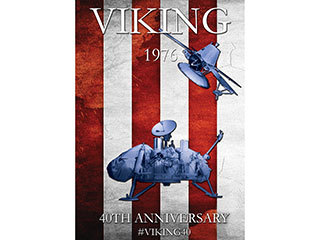 Anniversary artwork of NASA Viking 1 and Viking 2 Landers and Orbiters against an American flag.  Infographic text: Viking 1976.  40th anniversary.  #viking40