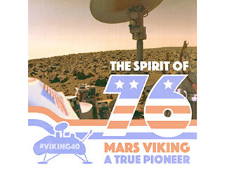 Anniversary artwork of NASA Viking 1 and Viking 2 Landers and Orbiters.  Infographic text: The Spirit of 76.  Mars Viking.  A True Pioneer. #viking40