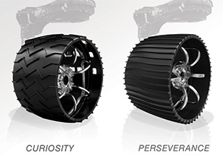 An image of the aluminum wheels of NASA's Curiosity (left) and Perseverance rovers.