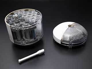 This image shows a concept model of NASA's orbiting sample container, which will hold tubes of Martian rock and soil samples that will be returned to Earth through a Mars sample return campaign. 