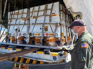 Perseverance mission flight hardware, test gear and equipment delivered to Kennedy Space Center is unloaded from a NASA Wallops C-130.  