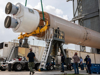 Atlas V booster for Mars 2020 is moved into the Vertical Integration Facility 