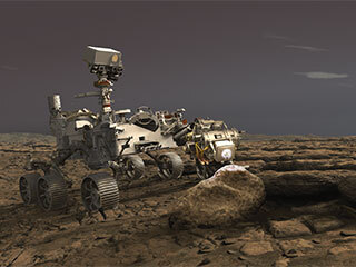 Illustration of Perseverance rover using its Planetary Instrument for X-ray Lithochemistry (PIXL) instrument to analyze a rock on the surface of Mars