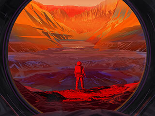 This illustration shows an astronaut on Mars, as viewed through the window of a spacecraft. 