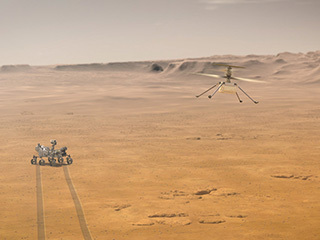When NASA's Ingenuity Mars Helicopter attempts its first test flight on the Red Planet, the agency's Mars 2020 Perseverance rover will be close by, as seen in this artist's concept.