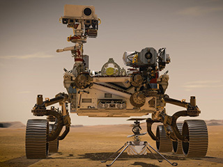 Illustration of NASA's Mars 2020 Perseverance rover and NASA's Ingenuity Mars Helicopter