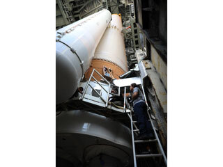 A worker is inside the Vertical Integration Facility at Cape Canaveral Air Force Station