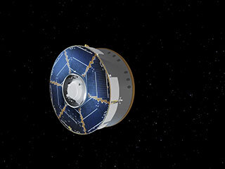 Illustration of the Mars 2020 spacecraft, encapsulated in its protective aeroshell 