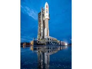 The rocket that will carry Perseverance rover to Mars sit on Space Launch Complex 41 at Cape Canaveral at sunset.