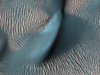 sand ripples and a large dune on Mars