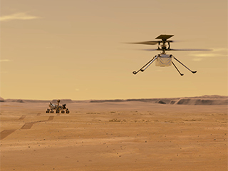 llustration of Mars Helicopter in flight over a flat Martian landscape, with the Perseverance rover in the distant background.