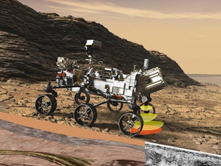 Illustration of Perseverance's Radar Imager for Mars' Subsurface Experiment using radar waves to probe the ground